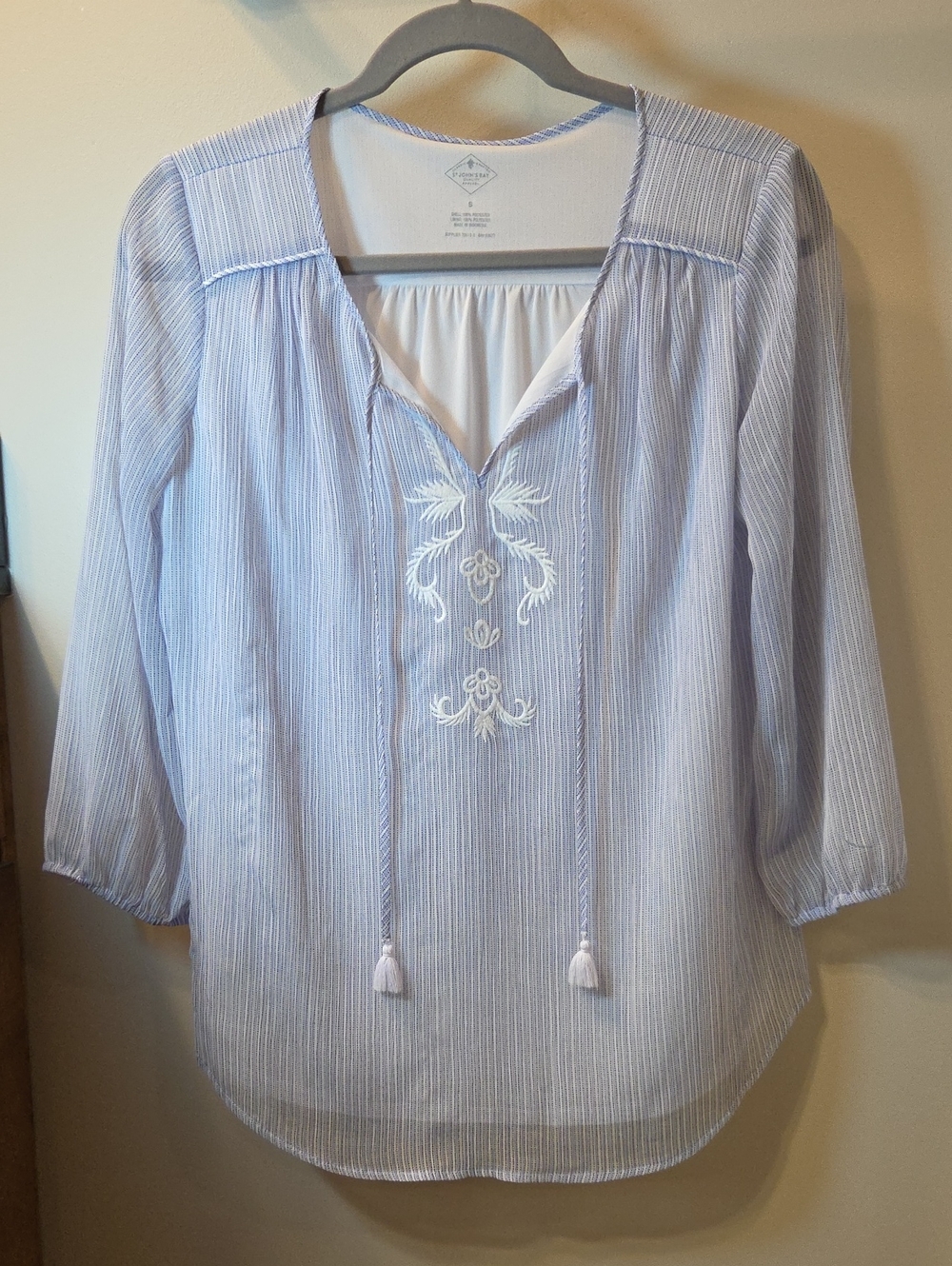 Light Blue Striped Embroidered Peasant Blouse